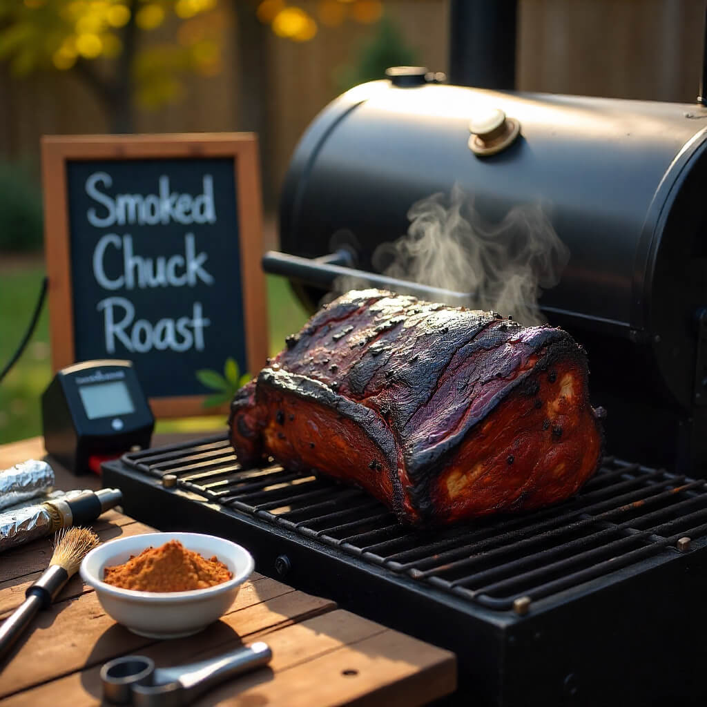 Smoked chuck roast on a grill with a chalkboard sign and paprika, and brush on the side 