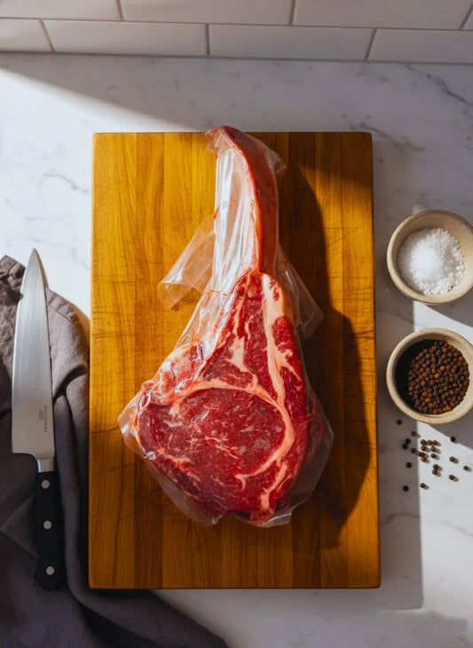 A piece of vacuum sealed tomahawk from Diamond D Ranch on a chopping board with salt, pepper, and knife with direct sunlight