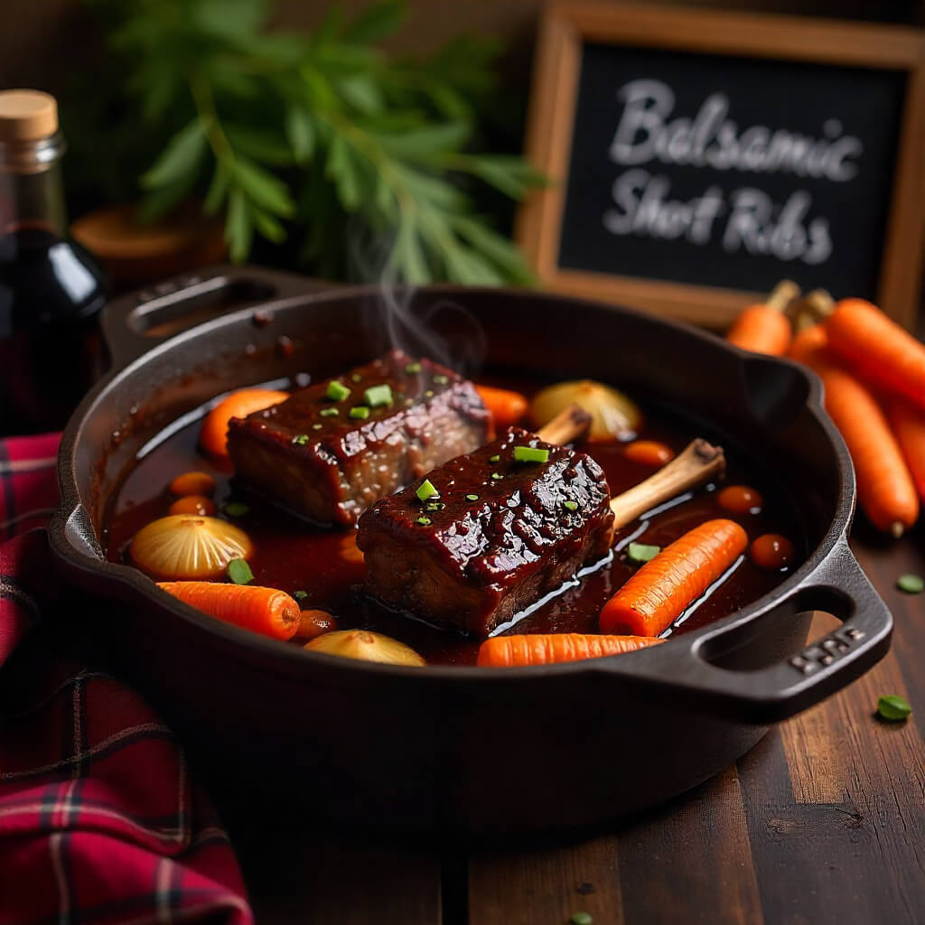 An oven-braised balsamic short recipes in a Dutch oven with carrots and chalkboard behind labeled "Balsamic Short Ribs"
