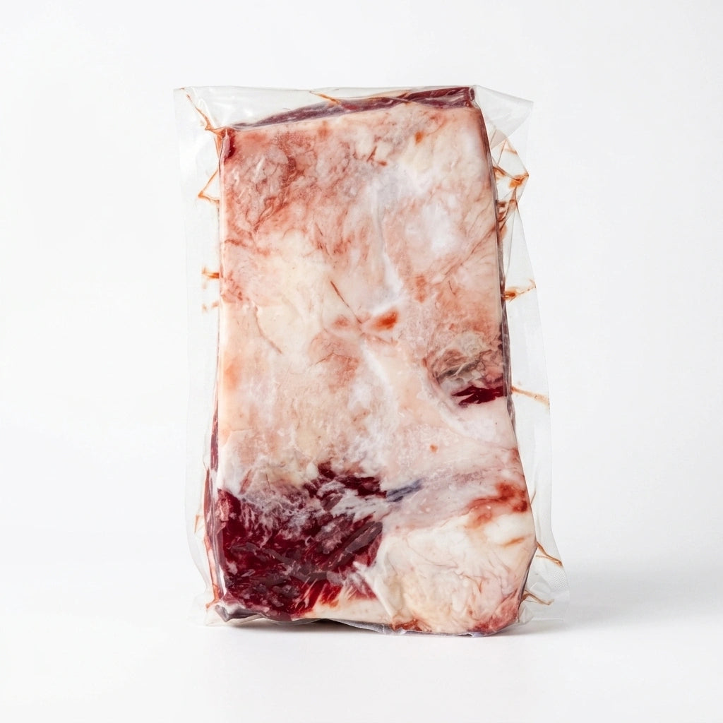 A vacuum-sealed package of raw marbled meat