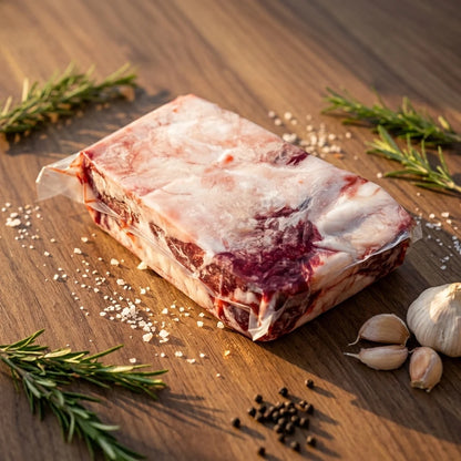 A vacuum-sealed cut of raw beef with fat marbling sits on a wooden surface, surrounded by rosemary sprigs, coarse salt, peppercorns, and garlic cloves.