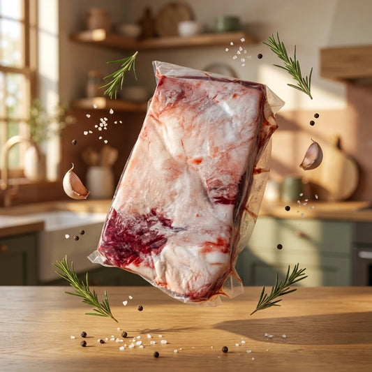A vacuum-sealed package of raw meat floating above a wooden kitchen counter, surrounded by floating rosemary sprigs, garlic cloves, coarse salt, and black peppercorns