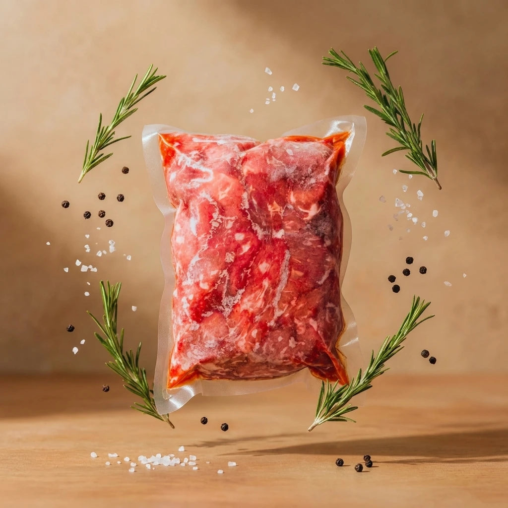 A vacuum-sealed package of raw fajita strips floating above a wooden surface, surrounded by rosemary sprigs, coarse salt, and whole black peppercorns