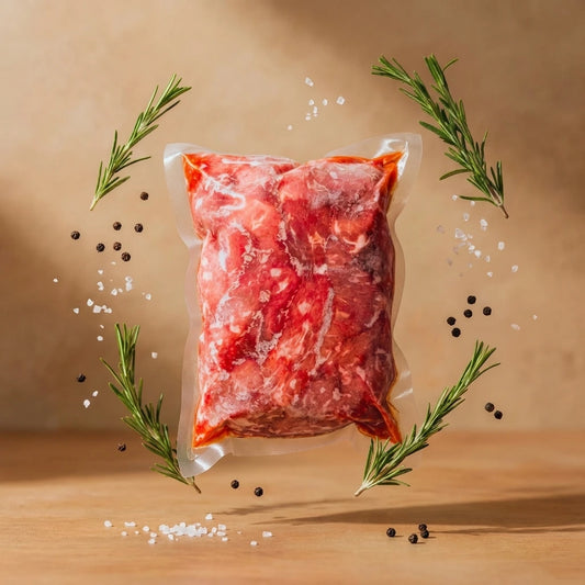A vacuum-sealed package of raw fajita strips floating above a wooden surface, surrounded by rosemary sprigs, coarse salt, and whole black peppercorns