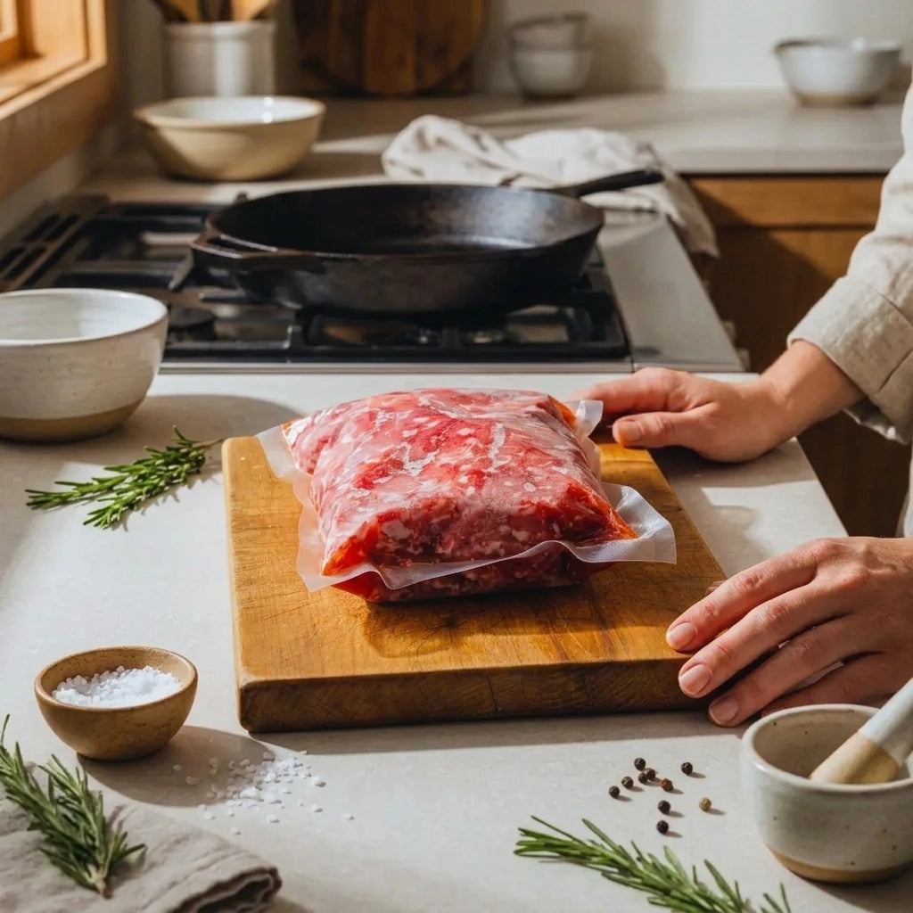 A vacuum-sealed package of grass fed fajita strips on a wooden cutting board on a kitchen counter, with a person's hands holding the package.