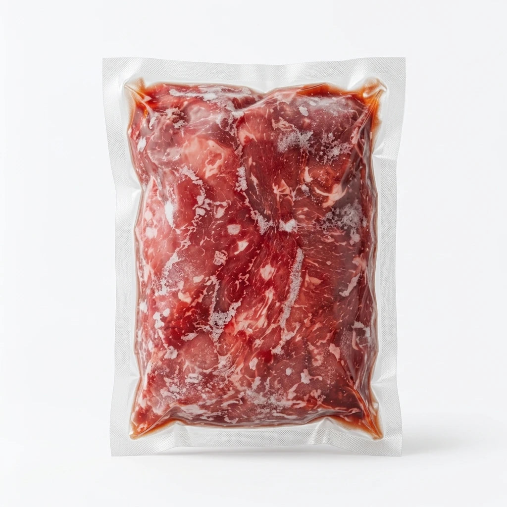 Flash-Frozen grass fed fajita strip in a clear plastic vacuum-sealed bag, photographed against a clean white background.