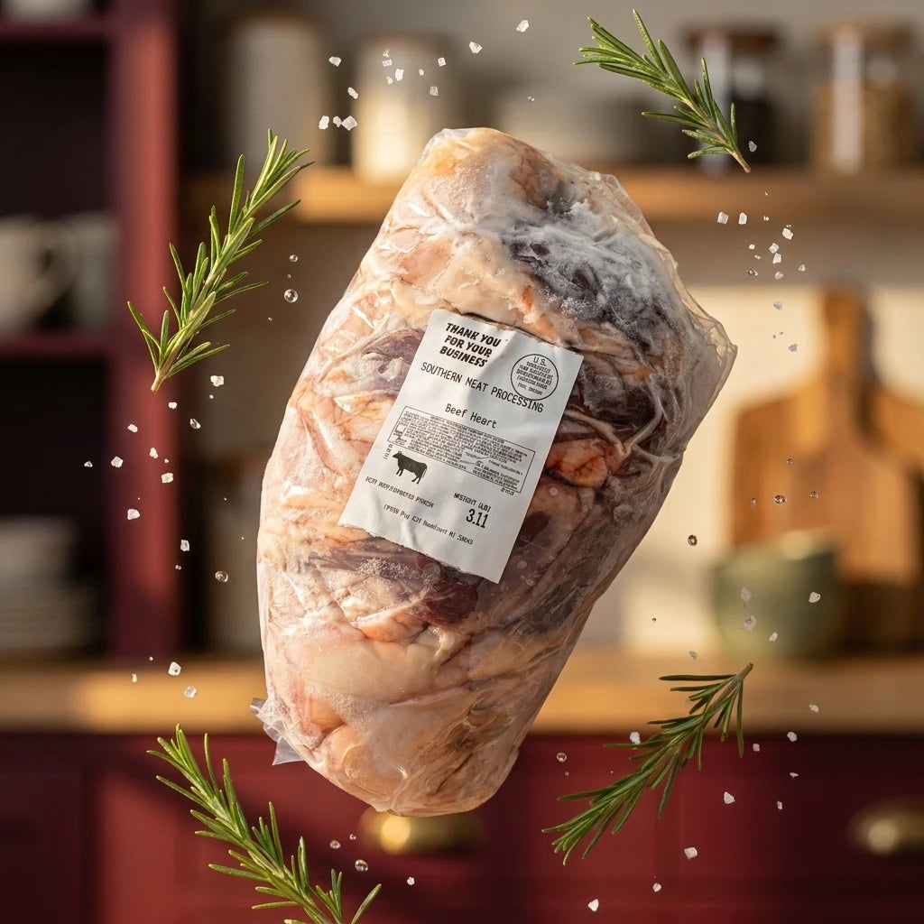 A vacuum-sealed package of grass fed beef heart floating in a kitchen scene, surrounded by rosemary sprigs and scattered coarse salt.