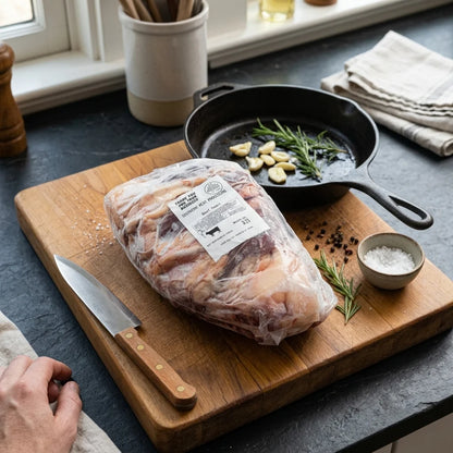 A packaged cut of grass fed heart that sits on a wooden cutting board on a dark kitchen counter, with a knife, cast-iron skillet, garlic, rosemary, salt, and spices nearby.