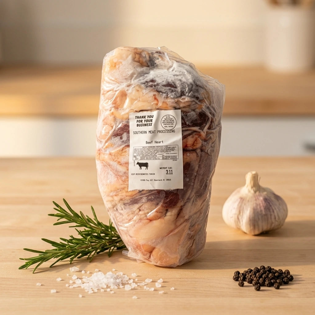 A vacuum-sealed package of grass fed beef heart on a light wood surface, with a garlic bulb, rosemary sprig, coarse salt, and black peppercorns