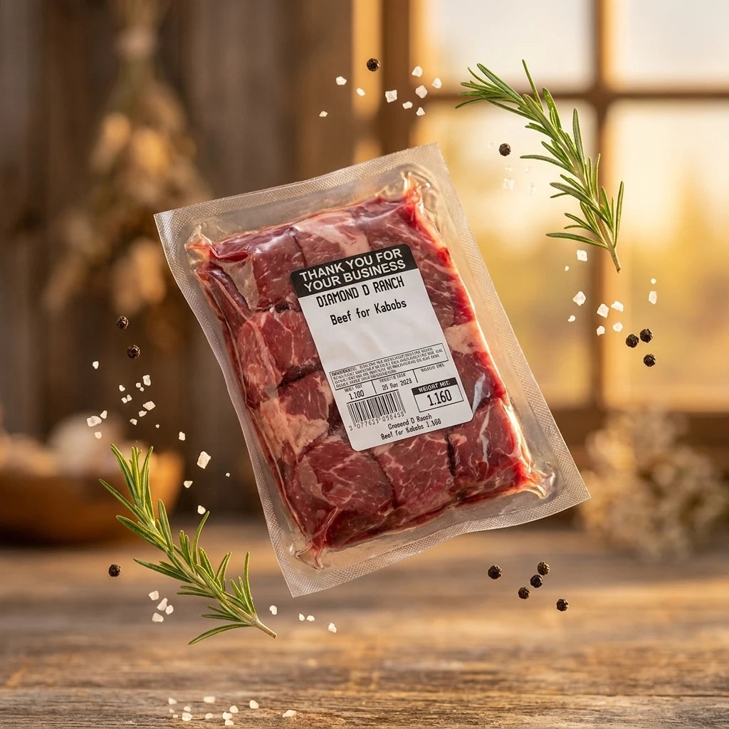 A vacuum-sealed package of beef kabobs floating over a rustic wooden table with rosemary sprigs, salt crystals, and peppercorns around it. 