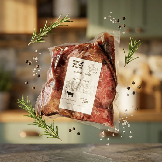 A vacuum-sealed package of raw beef jerky is shown floating above a kitchen counter, surrounded by floating coarse salt, peppercorns, and rosemary sprigs.