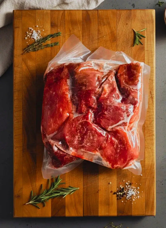 Diamond D Ranch vacuum-sealed beef steak kabobs on a wooden board with fresh herbs and spices.