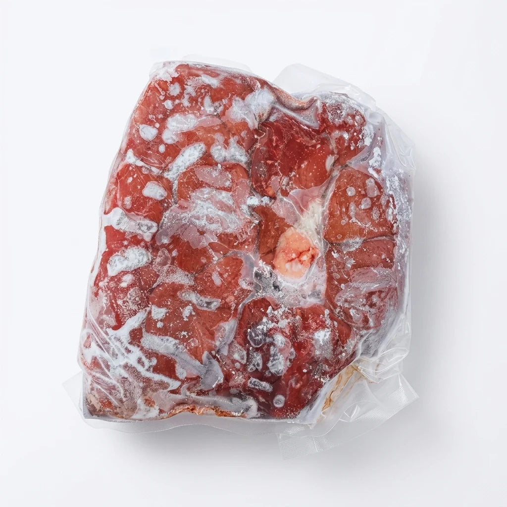 Flash-frozen beef kidney photographed on a plain white background.