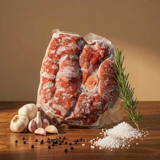 Flash-frozen beef kidney in a clear vacuum bag, styled on a wooden surface with garlic bulbs, coarse salt, and black peppercorns.