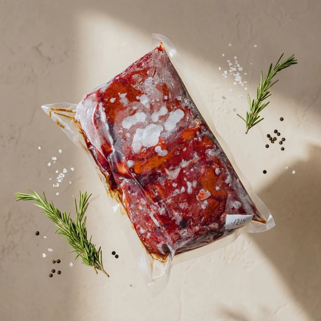 Frozen beef liver pack in a floating with rosemary sprigs, sea salt, and peppercorns
