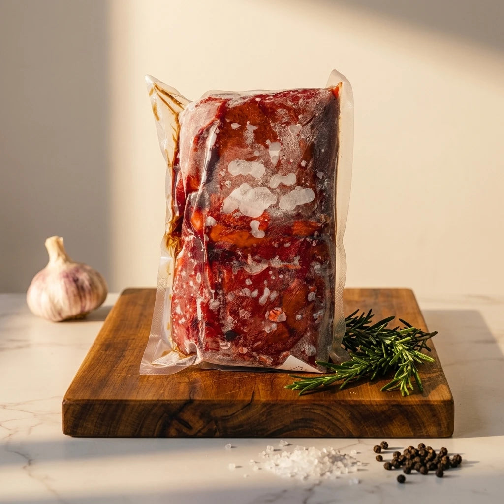 Vacuum-sealed beef liver standing on a wooden board with garlic, rosemary, and sea salt