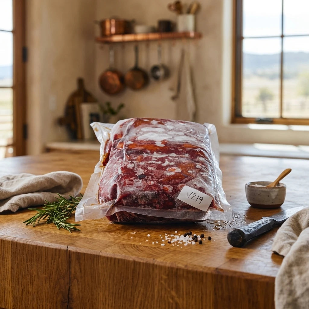 Diamond D Ranch frozen beef liver pack on a butcher block in a farmhouse kitchen