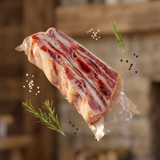 Beef short ribs floating against a blurred rustic wooden background with rosemary sprigs and scattered peppercorns.