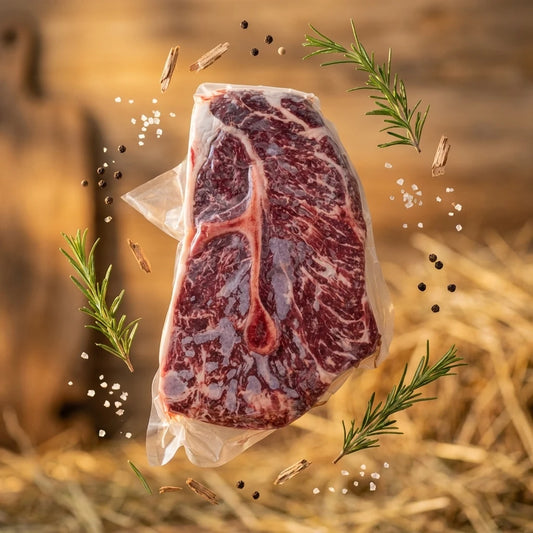 Beef roast in vacuum seal surrounded by rosemary, sea salt and peppercorns in a barn setting
