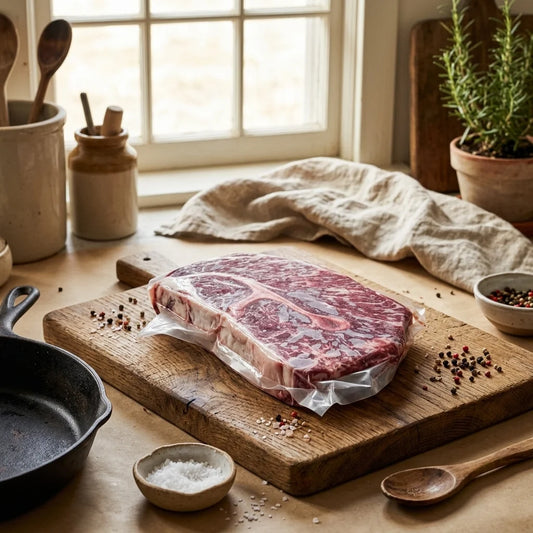Vacuum-sealed grass-fed beef roast on a wooden cutting board beside a cast iron skillet