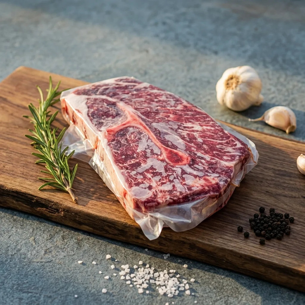 Marbled beef roast in vacuum packaging on a rustic wood board with rosemary and garlic