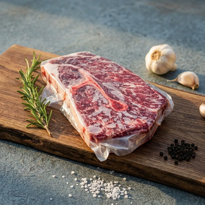 Marbled beef roast in vacuum packaging on a rustic wood board with rosemary and garlic