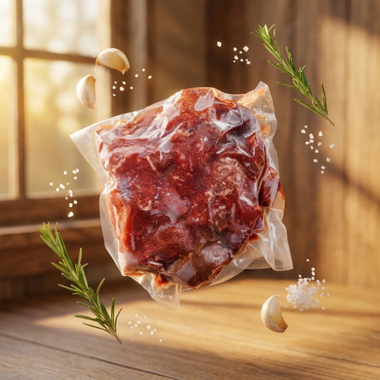 Diamond D Ranch stew meat in a vacuum pouch floating with garlic, rosemary and salt