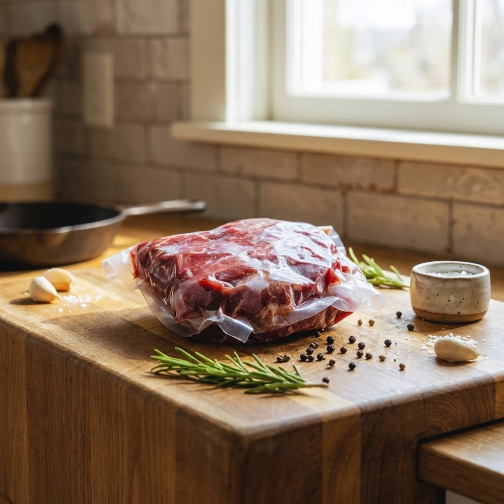 Vacuum-sealed stew meat on a butcher block by a sunny window with garlic and rosemary