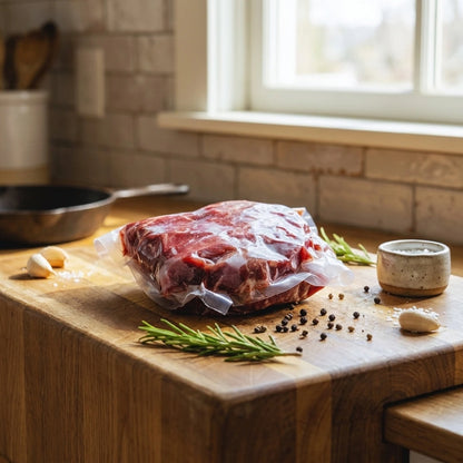 Vacuum-sealed stew meat on a butcher block by a sunny window with garlic and rosemary