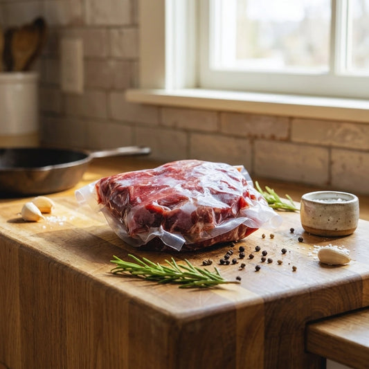 Vacuum-sealed stew meat on a butcher block by a sunny window with garlic and rosemary