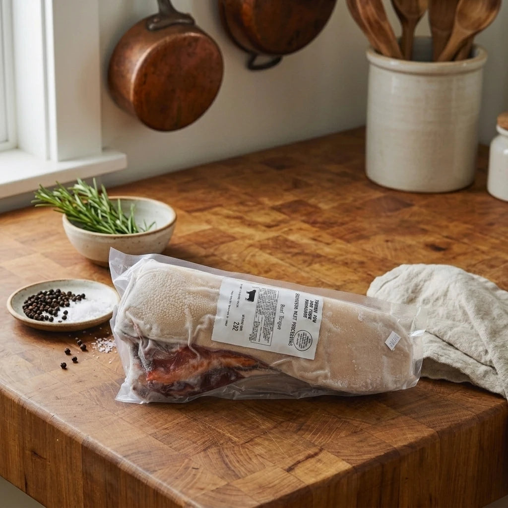 Vacuum-sealed beef tongue on a butcher block counter with copper pans and rosemary