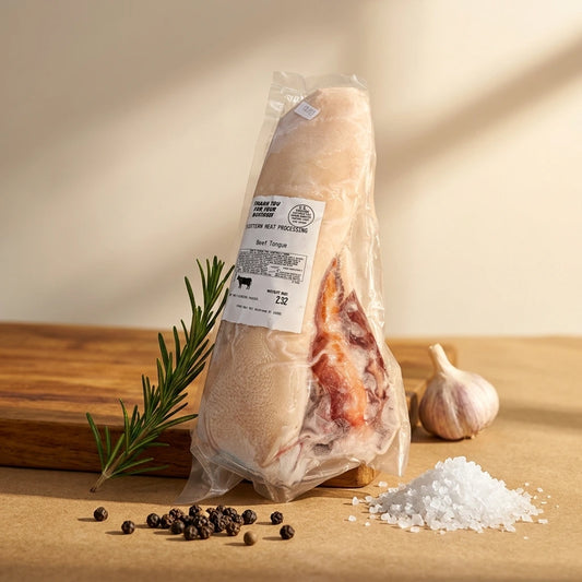 Whole beef tongue vacuum sealed with printed label, propped beside rosemary and garlic