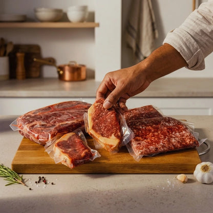 A person's hand holds a vacuum-sealed cut of beef over a wooden cutting board with other vacuum-sealed steaks and ground meat, set in a bright kitchen.