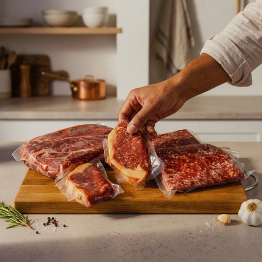 A person's hand holds a vacuum-sealed cut of beef over a wooden cutting board with other vacuum-sealed steaks and ground meat, set in a bright kitchen.