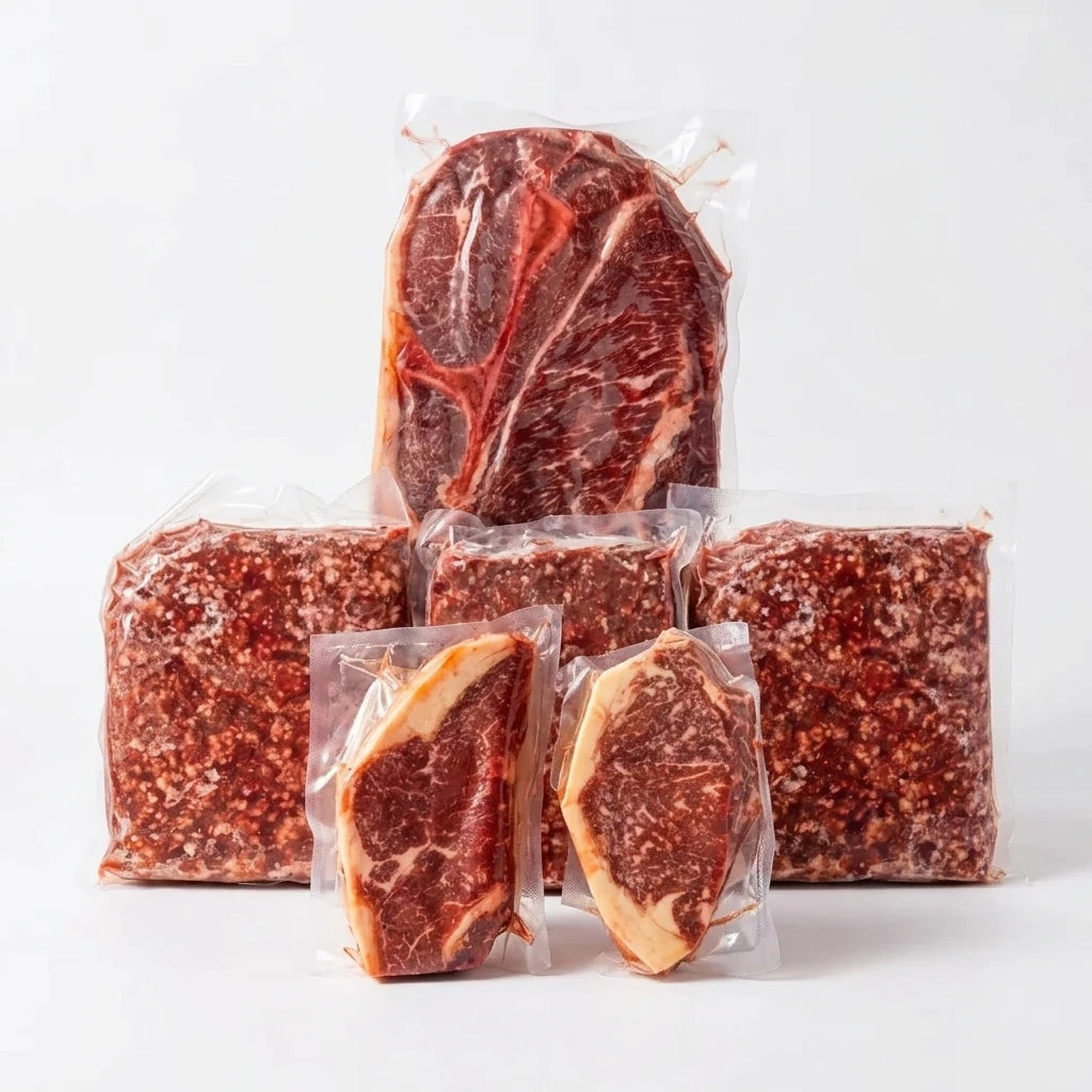 Five vacuum-sealed packages of raw marbled meat, including steaks and ground meat, arranged on a clean white background.