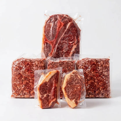 Five vacuum-sealed packages of raw marbled meat, including steaks and ground meat, arranged on a clean white background.