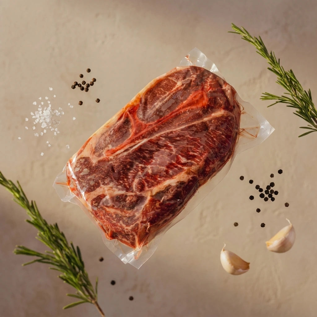 A vacuum-sealed raw cut of beef with visible marbling, arranged on a beige surface with rosemary sprigs