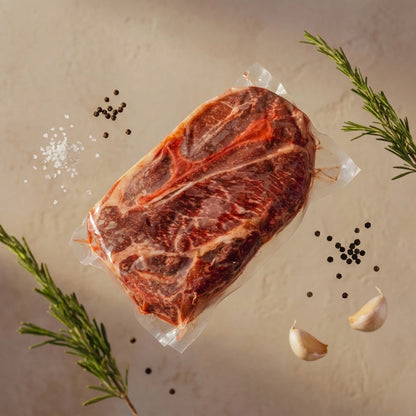 A vacuum-sealed raw cut of beef with visible marbling, arranged on a beige surface with rosemary sprigs