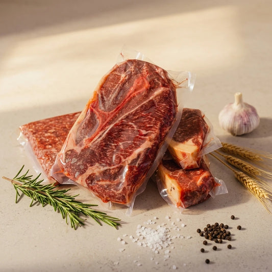 Vacuum-sealed raw beef steaks arranged on a light stone surface with a garlic bulb, rosemary sprig, coarse salt, peppercorns, and wheat stalks.