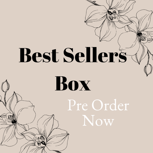 Promotional graphic with 'Best Sellers Box' text and floral designs on a beige background