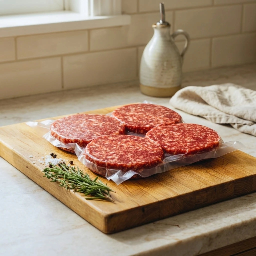 Burger patties on a cutting board