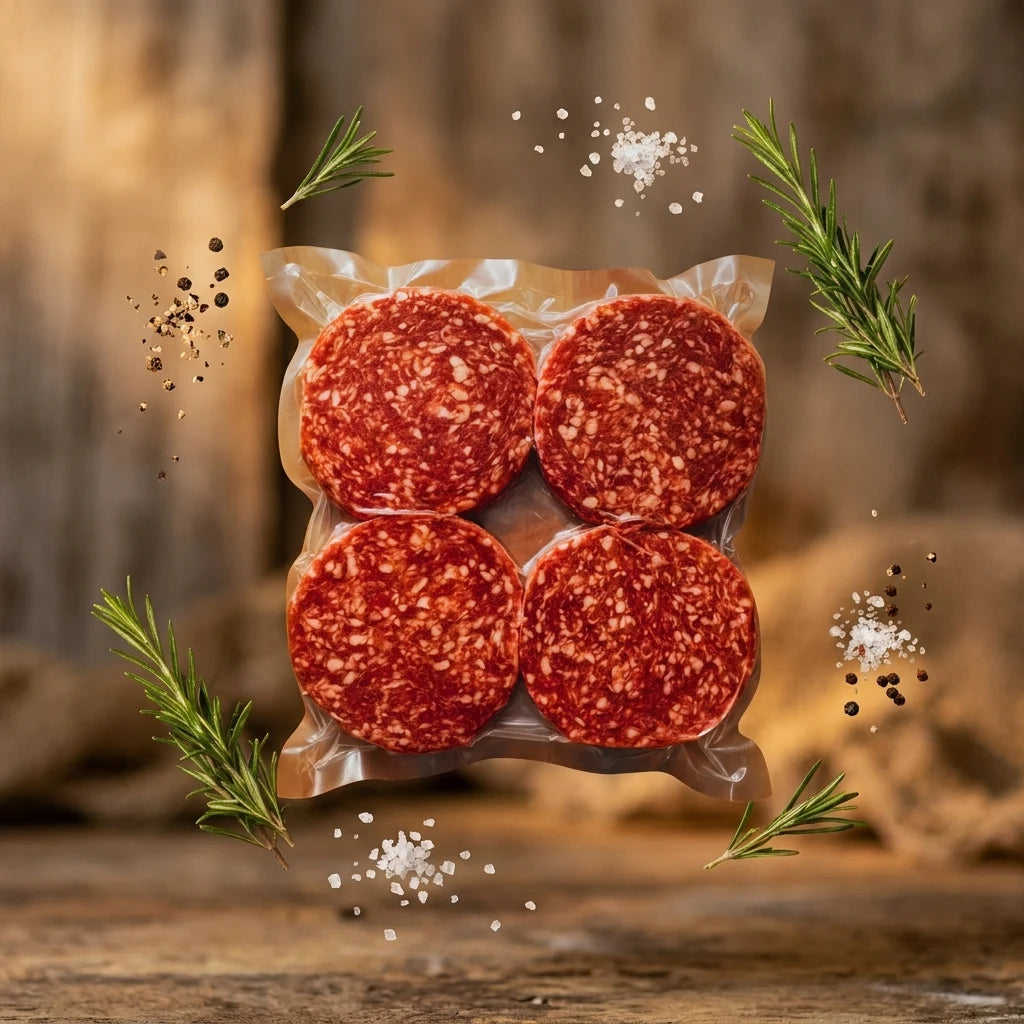 Burger patties floating with seasonings