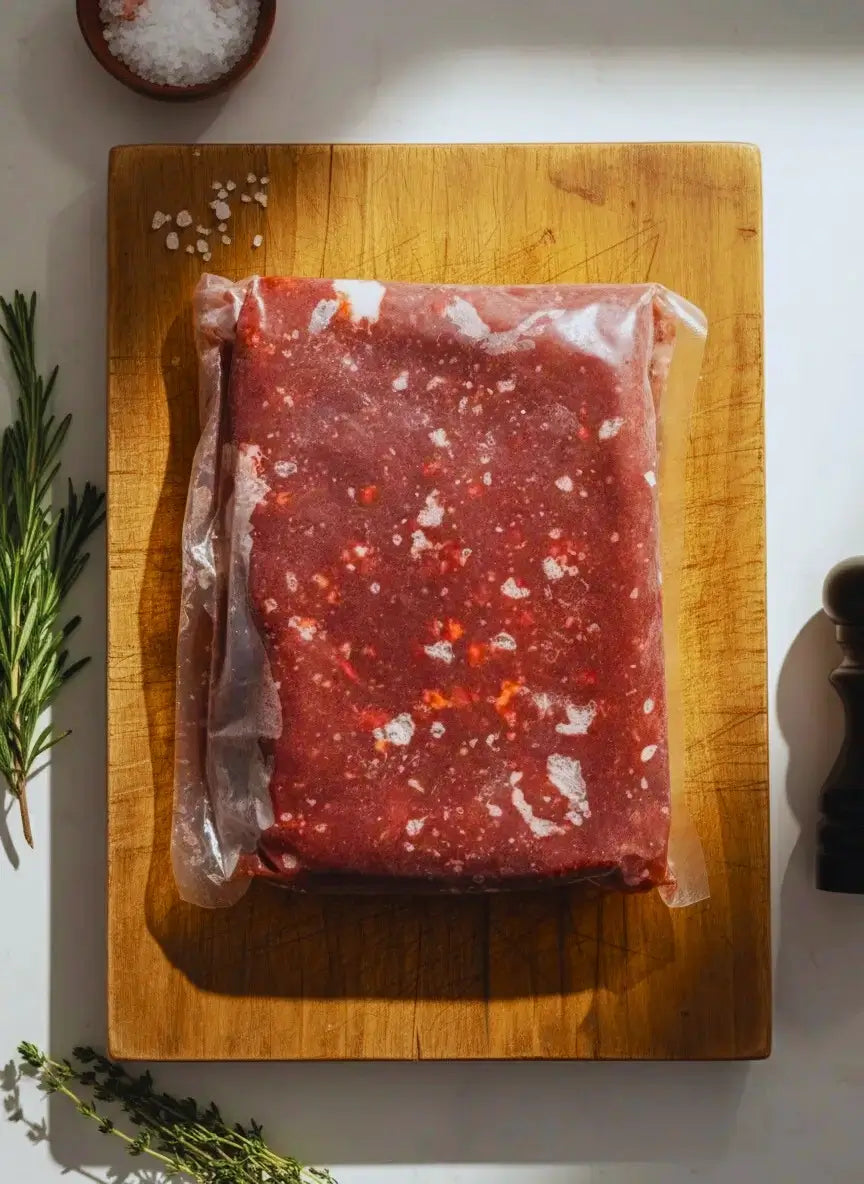 Diamond D Ranch vacuum-sealed ground organ blend on a wooden board with herbs and salt in the background.