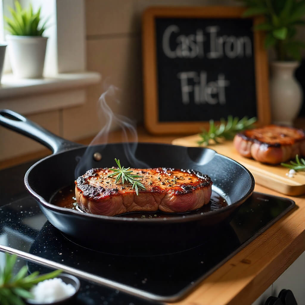 A Filet Mignon Steak cooking in a cast iron skillet on a stove with a chalkboard sign in the background.