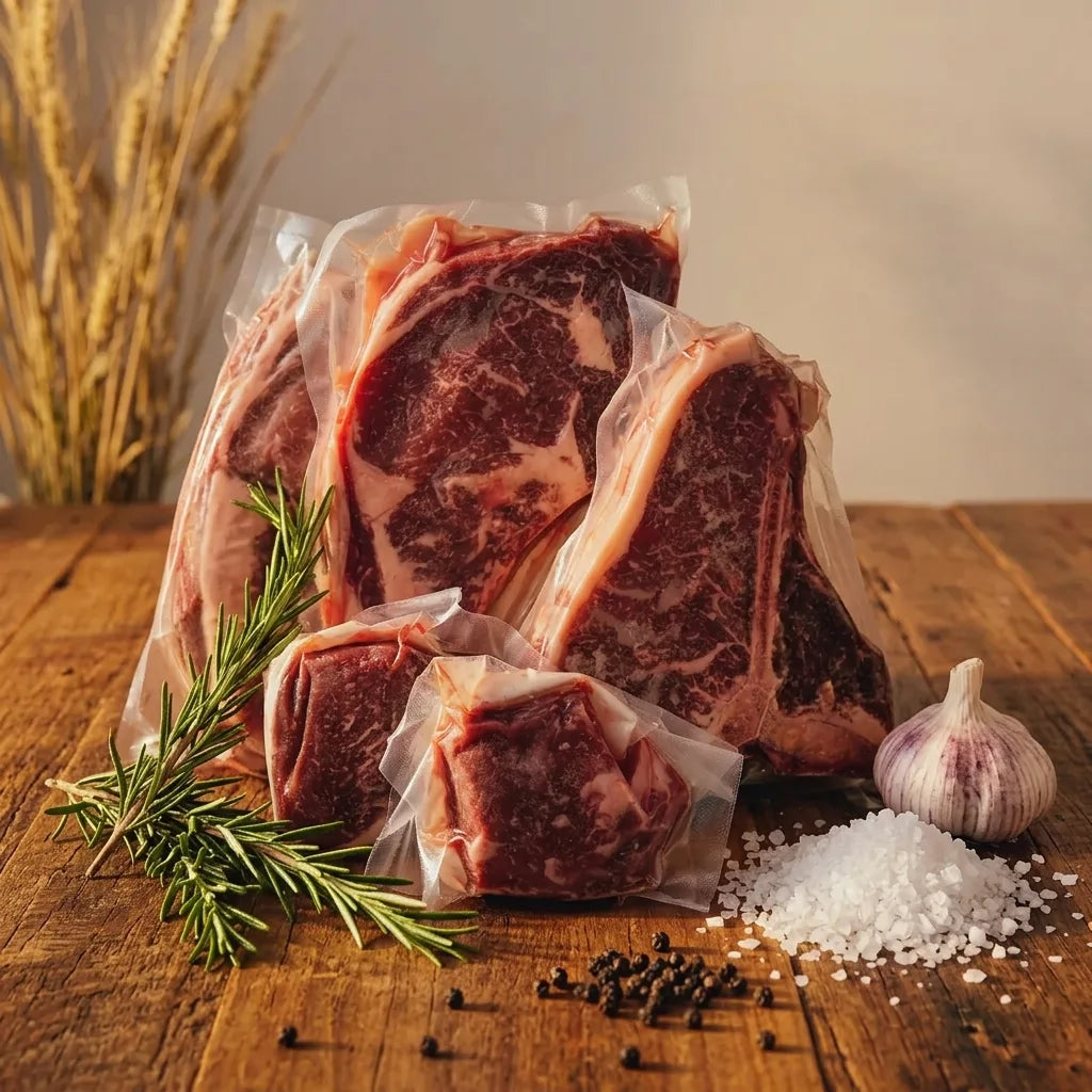 Several vacuum-sealed raw beef steaks are arranged on a rustic wooden surface with a rosemary sprig, coarse salt, peppercorns, and a garlic bulb