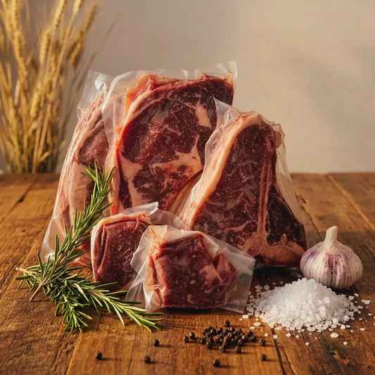 Several vacuum-sealed raw beef steaks are arranged on a rustic wooden surface with a rosemary sprig, coarse salt, peppercorns, and a garlic bulb