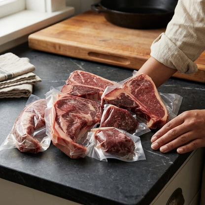 Several vacuum-sealed raw beef cuts, including a T-bone steak, arranged on a dark kitchen countertop with a person's hands and arm visible beside them.