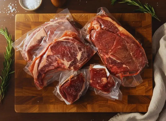 Diamond D Ranch Celebration Box: Restaurant steak, King Sirloin steaks vacuum-sealed on a board with herbs and salt.