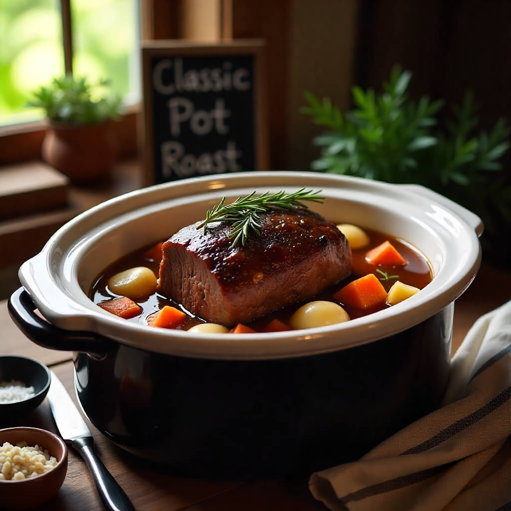 Classic Pot Chuck Roast vegetables in a pot on a wooden table with a knife and label behind "Classic Pot Roast"