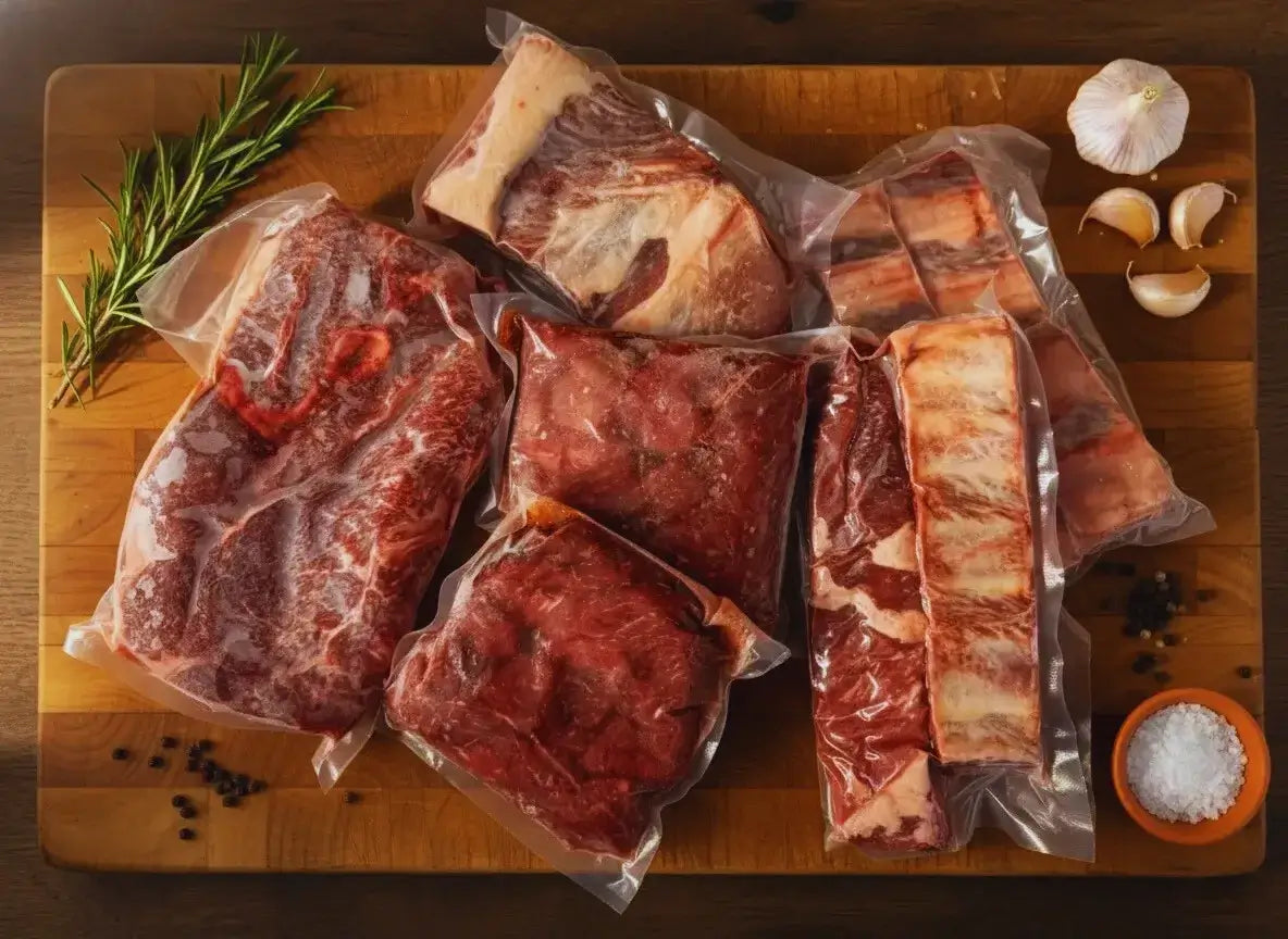 Diamond D Ranch Comfort Beef Crockpot Box, vacuum-sealed on a wooden board with herbs, garlic, pepper, and salt.